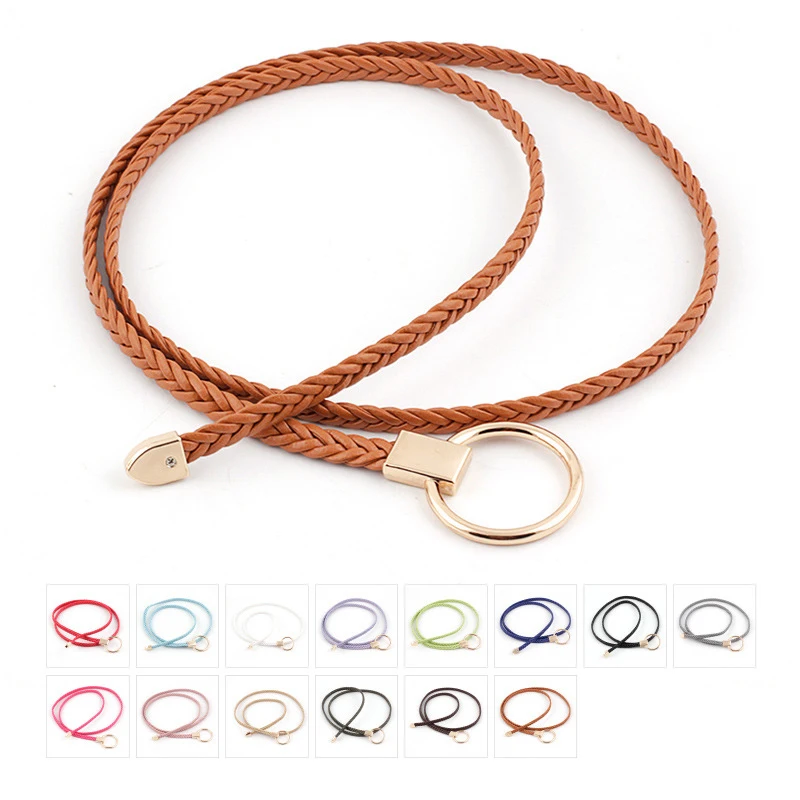 

Brown Braided Leather Belt Thin Waist Belt for Women Gold Geometric Circle Self Tie Bow Rope Thin Dress Belt Red Pink Black