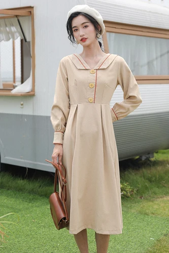

2019 Autumn Korean Retro Turn-down Collar Casual Dress Women Long Sleeve Beige Elegant High Waist Dresses Woman