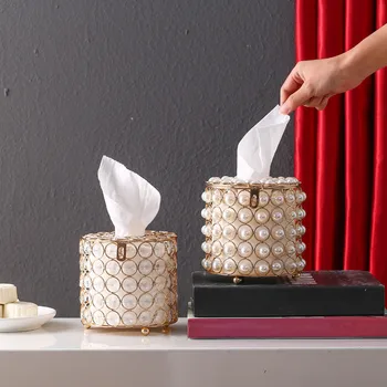 

Creative Pearl Crystal Tissue Box Removable Round Paper Towel Storage Rack Decorative Crafts