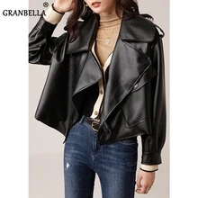 Jaqueta solta de couro falso feminina, casaco clássico de couro falso pu para mulheres, peça em tamanho grande, outono e inverno 2020