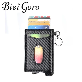 

BISI GORO Anit-theft Wallet Card for Men Women Automatic Pop-up Card Case Carbon Fiber RFID Blocking Credit Card Holder Key Ring