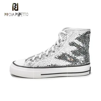 

Prova Perfetto Spring New Bling Sequines Cloth High Top Casual Shoes Women Round Toe Lace Up Flat Sneaker Shoes Mujer Zapatos