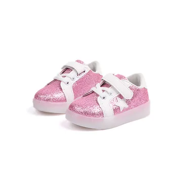 

2019 Autumn New Kids Shoes Boy and Girls Flashing Lights Magic Stickers Bright Leather Fashion Solid Anti-Slippery Sport Running