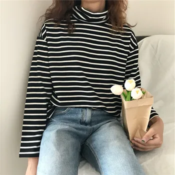 

Striped T-shirts Women Autumn Vintage Turtleneck Long Sleeve Casual Tshirt Laides Korean Harajuku Pullovers Loose Elegant Top