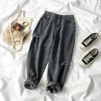 

preppy style women jeans high waist solid harem hole ankle length 2020 summer new ankle length pants top quality