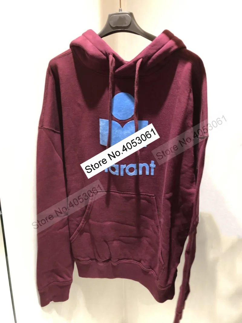 Dark red with blue Новейшая Женская хлопковая толстовка с капюшоном большого размера с опущенными плечами и логотипом спереди и карманами-кенгуру - Цвет: Dark red with blue