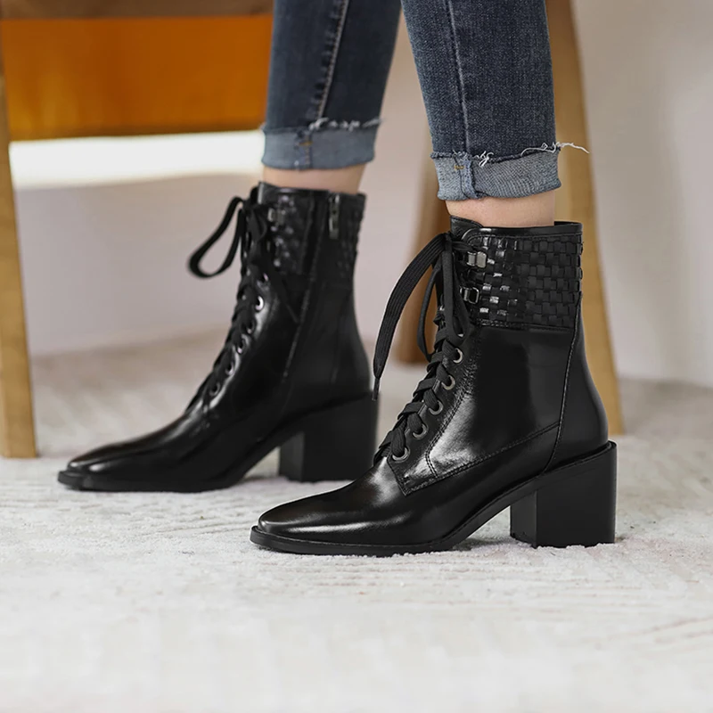 

Genuine Leather Women Boots Cross-tied Women Ankle Boots Square Toe Zipper Shoes Woman Platform High Heels Ladies Western Boots