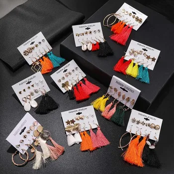 

Luokey Boho Tassel Earrings For Women Bohemian Long Dangle Earrings Set Fabric Vintage Pendientes Fashion Female Dainty Jewelry