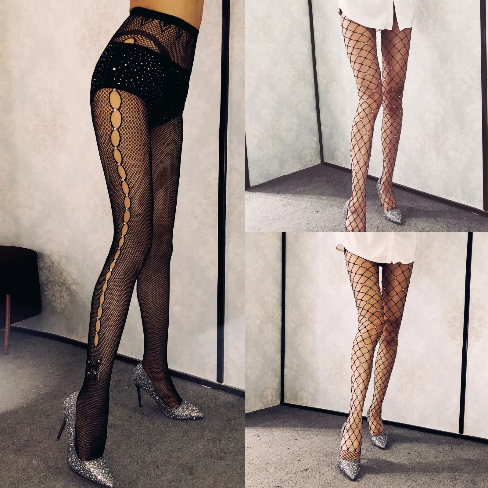 Женские пикантные сетчатые колготки в сеточку Чулки со стразами блестящие чулки
