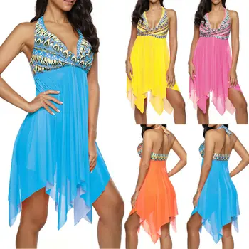 

Plus Size Boho Print Swimwear Women Mesh Bikini 2020 Beach Cover Up Beach Dress Kaftan Summer swimsuit with skirt 2xl 3xl