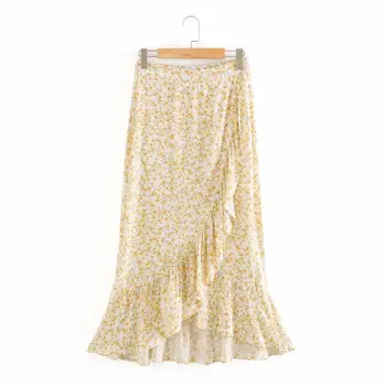

New Women fashion yellow flower print irregular pleated ruffles midi skirt faldas mujer ladies side zipper vestido skirts QUN611