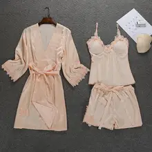 Сексуальный Шелковый Атласный халат, пижамный комплект, кружевной Халат+ топ+ шорты, комплект из 3 предметов, летняя весенняя одежда для сна, комплект ночного белья для женщин, одежда для сна