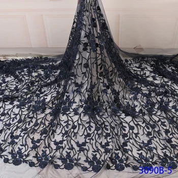 

Navy Blue Beaded Lace Nigerian Lace Fabric High Quality Lace African Tulle Lace with Beads Handmade Beads Lace Fabric QF3090B-5