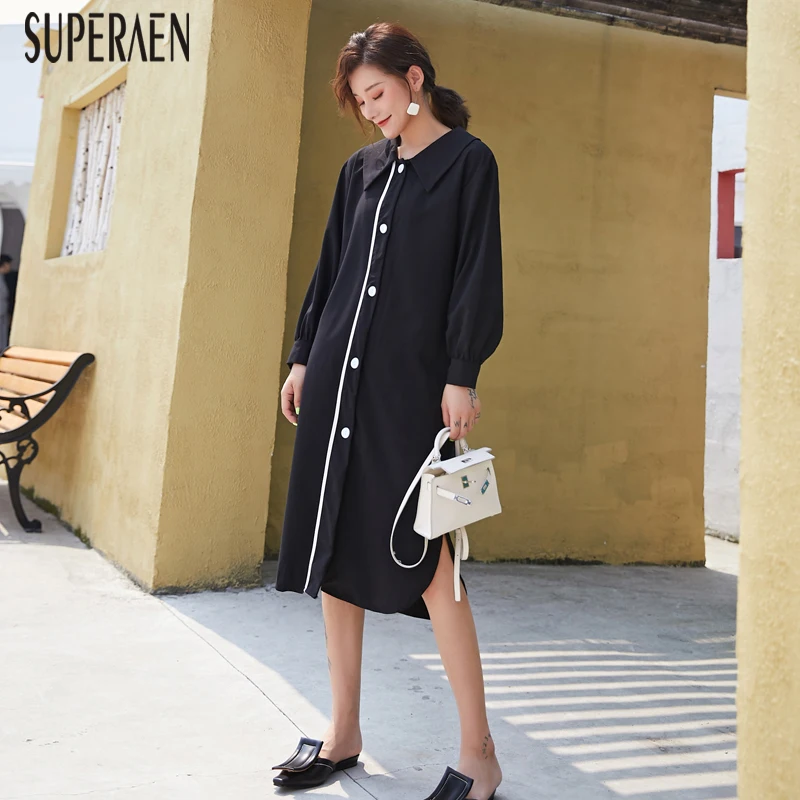 

SuperAen Fashion Shirt Dress Female 2019 Autumn New Korean Style Women Dress Solid Color Wild Casual Women Clothing