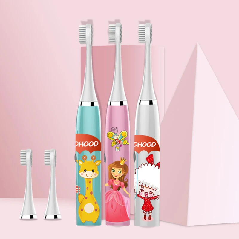 

Kids Toothbrush Cartoon Pattern Double-sided Waterproof Tooth Brush Oral Cleaning Auto Sonic Toothbrush With 2 Replacement Heads