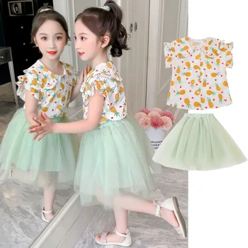 

2 Pieces Girls Clothing Sets New Summer Short Sleeves T-shirt+Tulle Lace Skirt 2Pcs for Kids Clothing Sets Baby Clothes Outfits