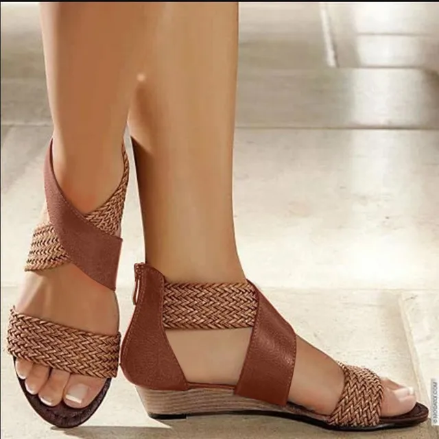 Fashion New Fish Mouth Leather Canvas Women Weave Wedge Heel Shoes Zipper Sandals Casual Beach Fashion New Fish Mouth Leather Canvas Women Weave Wedge Heel Shoes Zipper Sandals Casual Beach Sandals Roman Shoes