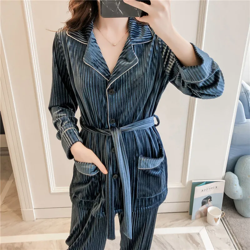 Winter New Gold Velvet Women Pajama Set Thicken Keep Warm Pyjamas Set With Belt Slim Sleepwear