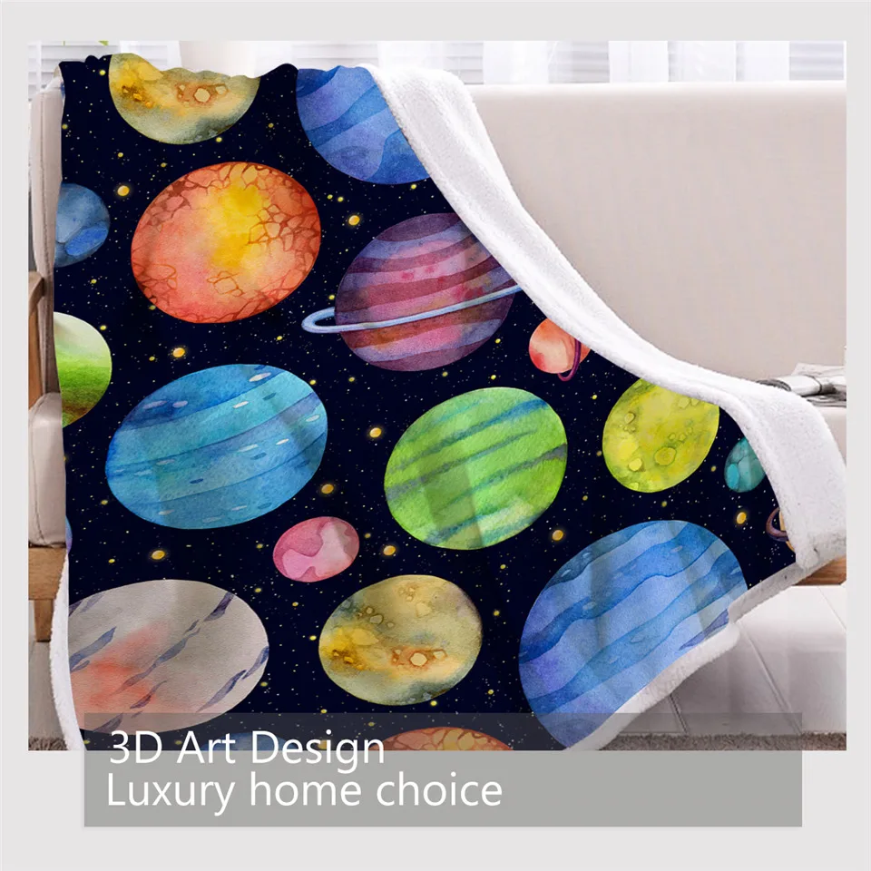 BlessLiving Colorful Planets Throw Blanket Stars Galaxy Sherpa Blanket Watercolor Blankets For Beds Outer Space Home Textiles