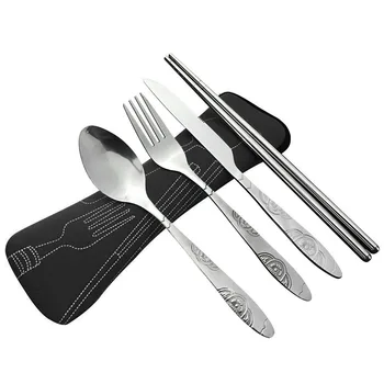 

4-Piece Portable Travel Dinneware Set 304 Stainless Steel Knives Fork Scoop Chopsticks Camping Cutlery Set Reusable JY