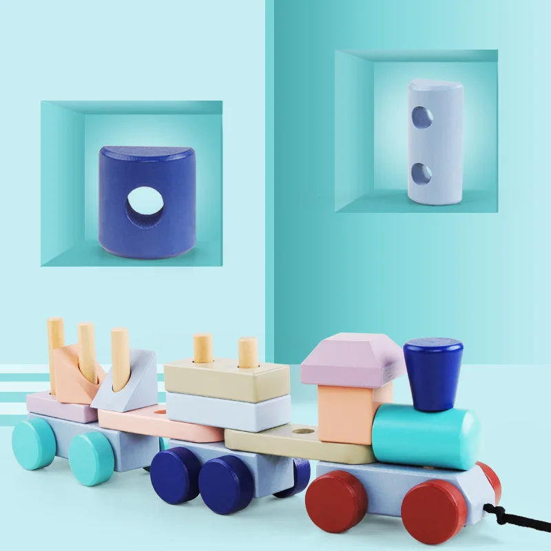 Детские игрушки Монтессори, трейлер, деревянный поезд, транспортное средство, геометрические блоки, цветные, Обучающие, рождественские подарки, игрушки для детей
