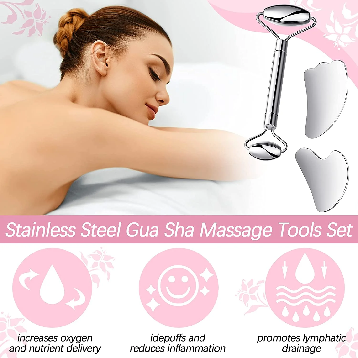 3 IN 1 Stainless Steel Facial Roller Gua Sha Scraping Massage Tool Set For Face Eye Neck Body Anti-Ageing Skin SPA Care Tools
