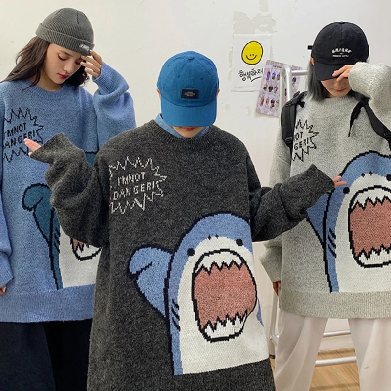 Suéter con estampado de tiburón de dibujos animados para hombre y mujer, Jersey holgado de manga larga con cuello redondo, estilo Harajuku y Hip Hop - Imagen 3