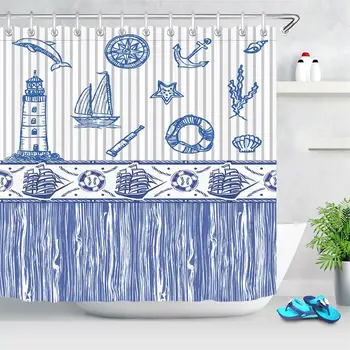 

Blue Nautical Shower Curtain Ocean Theme Vintage Lighthouse Anchor Rudder Stripes Fabric Bathroom Decor Bath Curtains with Hooks