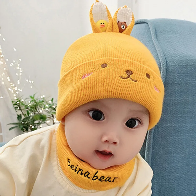 

wool baby scarf Hat set Autumn Winter chidren Cute Rabbit Ear neck Head Cap Warm Two-Piece Set