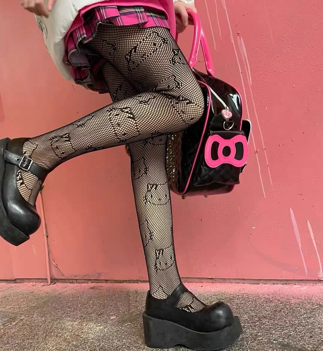 Summer Punk Hottie Black Anime Pantyhose KT Pattern Fishnet Stockings Harajuku Hosiery Nylon Women's Lolita Tights