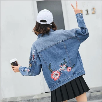 

2019 Female Jacket Women Winter Denim Jacket For Women Jeans Jacket Long Sleeve Turn Down Collar embroidery Jeans Coat S37