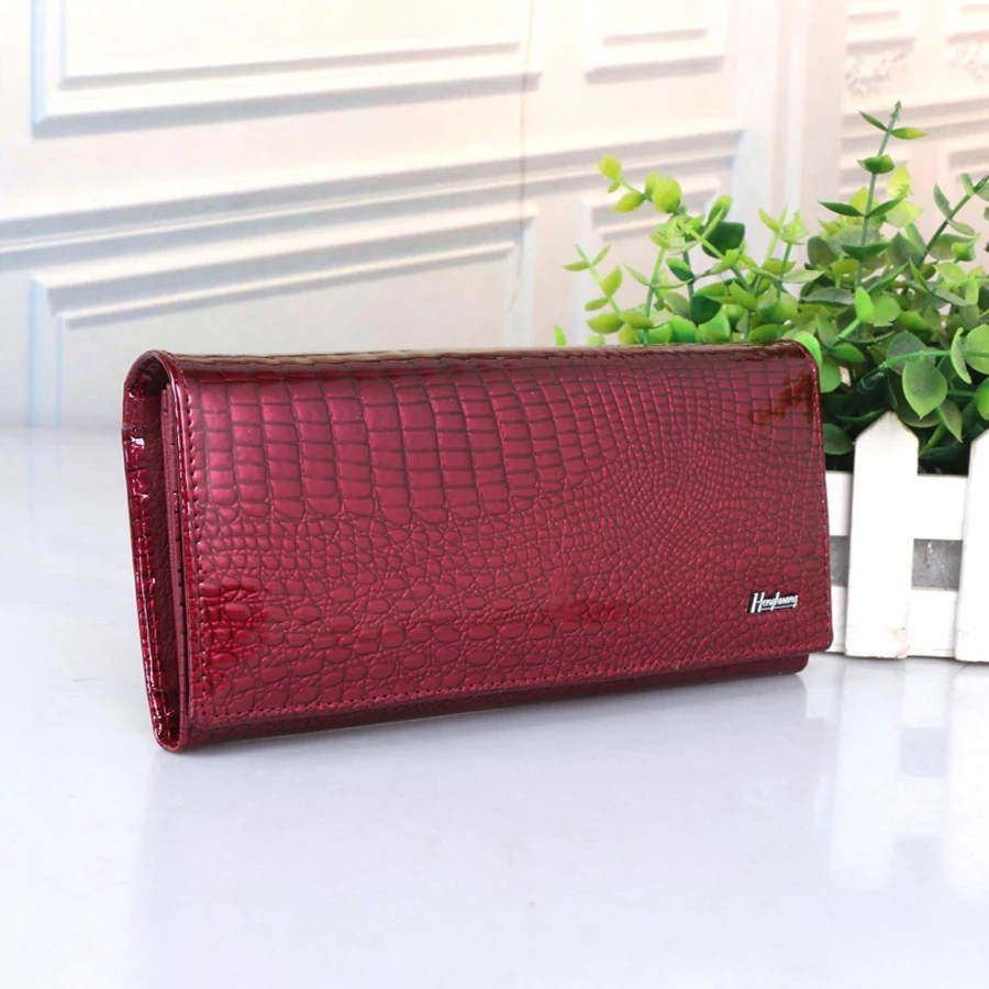 Baratos Cartera de mujer de cuero genuino de marca de lujo carteras de mujer de cuero de vaca largo damas monederos cocodrilo mujer monedero