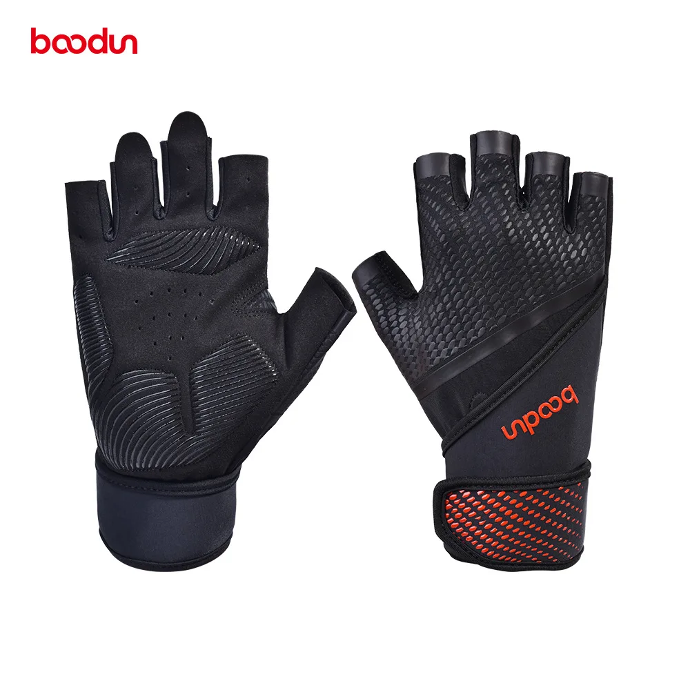 boodun leather Half finger gym gloves microfiber dumbbells barbell bodybuilding gym equipment weights fitness gloves sports - Цвет: red