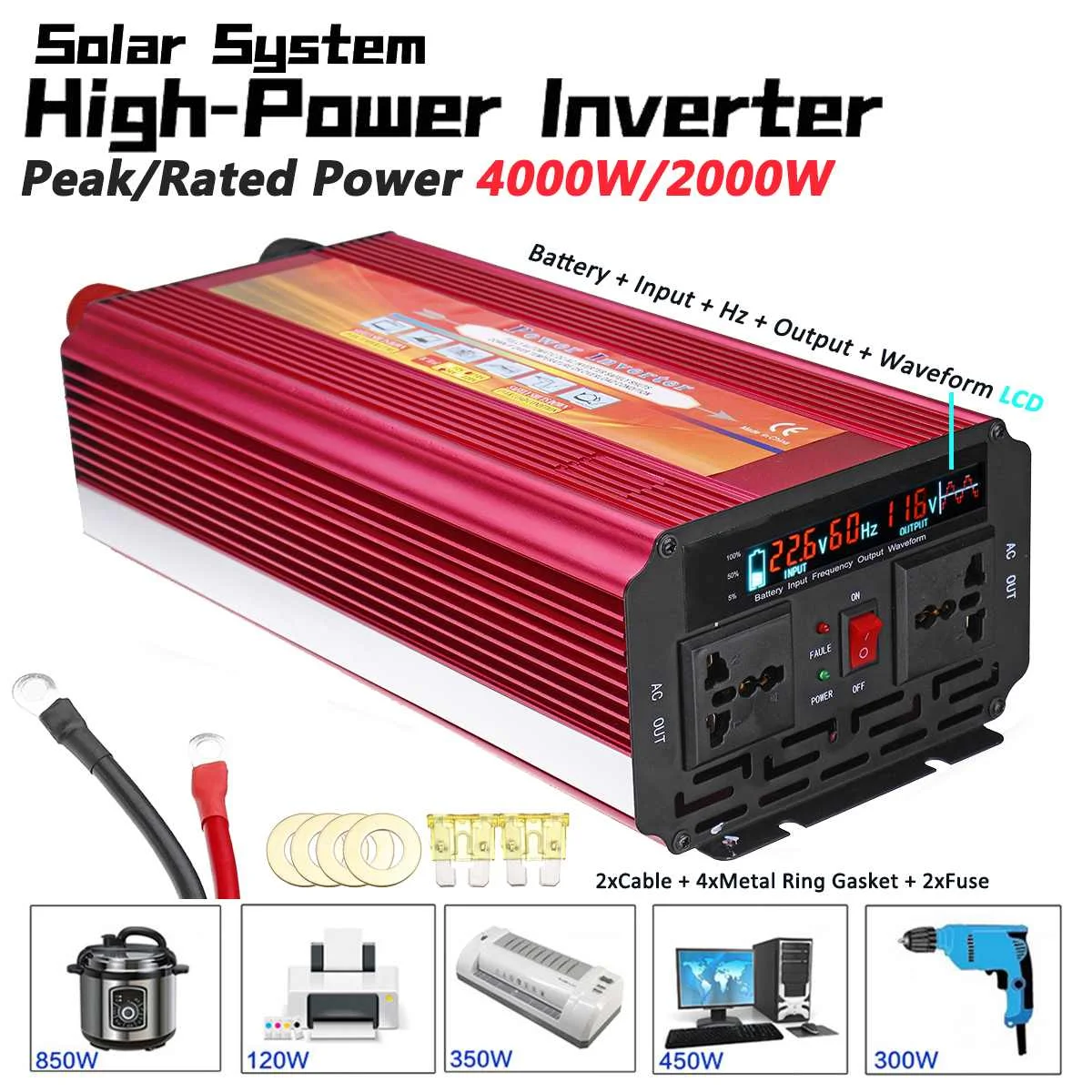 

Solar Inverter 12V 220V 4000W Top Voltage Transformer Converter DC 12V To AC 220V Car Inverter 12V/24V To 110V/220V LCD