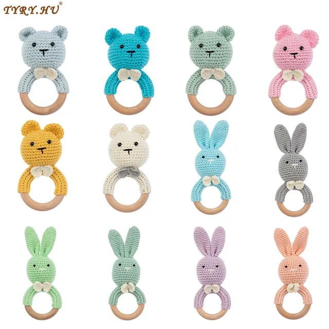 TYRY.HU 1PC Teether Wooden Crochet Rattle Toy BPA Free Wood Rodent Bear Rabbit Rattle Product Newborn Educational Toy Gifts 1