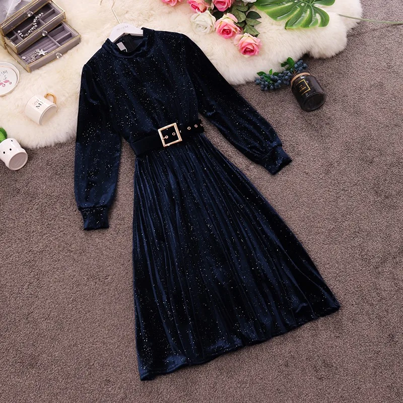 Spring New Women Dresss O Neck Lantern Sleeve Sequined High Waist Belt Dress Blingbling Female Elegant Party Dresses