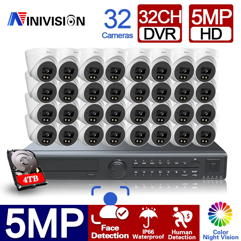 

HD H.265+ 32CH 5MP CCTV System AHD DVR kit HD 5MP SONY Sensor Outdoor IP66 Security Camera Color Night Vision Video Camera 4TB