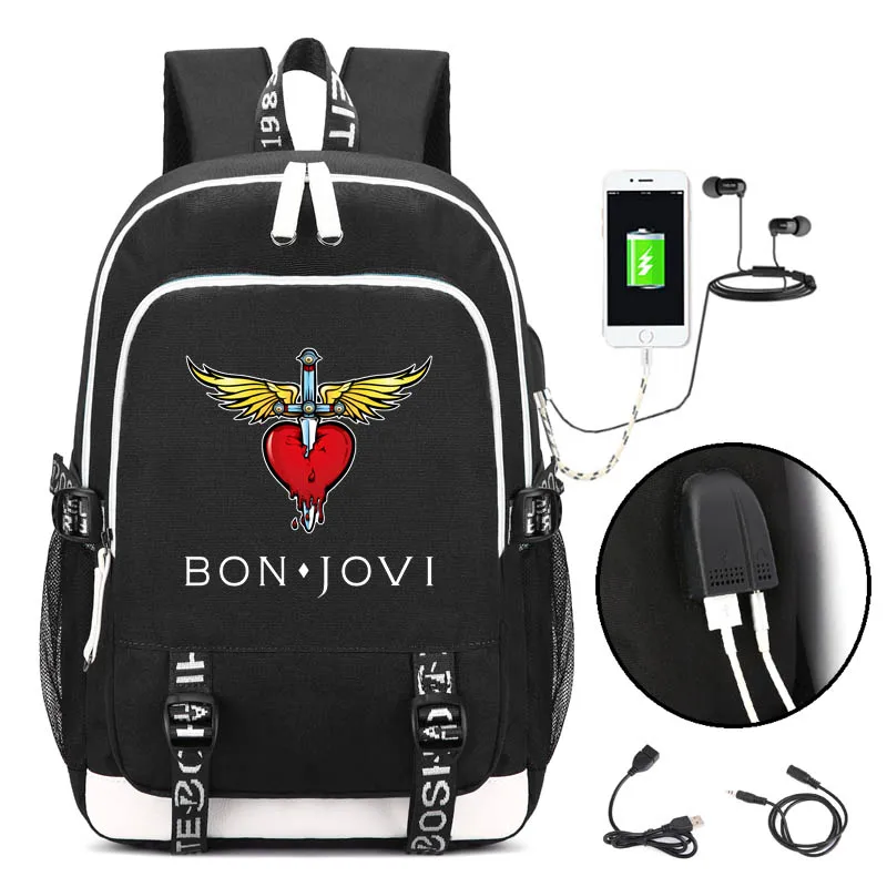 

Bon Jovi band Backpack with USB Charging Port and Lock &Headphone interface for College Student Work