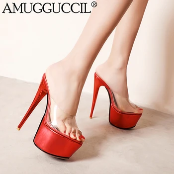 

2020 New Plus Big Size 33-50 Green Pink Red Gold Silver Clear Sexy High Heel Platform Summer Women Lady Sandal Slipper L1241