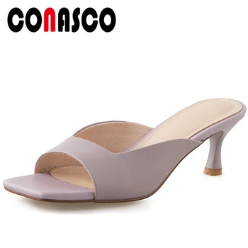 

CONASCO Fashion Women Sandals Concise Elegant Casual High Heels Peep Toe Pumps Genuine Leather Shallow Shoes Woman Summer 2020