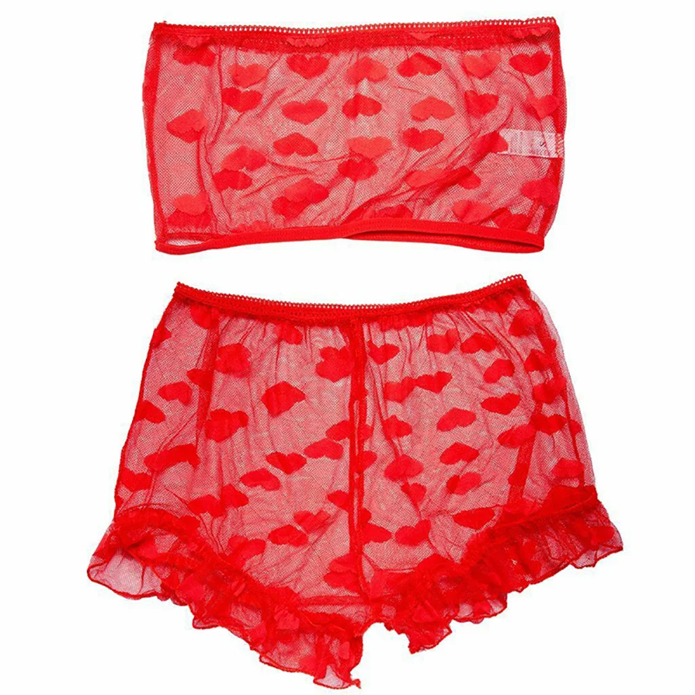 Sexy Lingerie Women's Underwear Set See Through Love Pattern Lace Lady Lingerie Bra + Thong Pajamas Suit