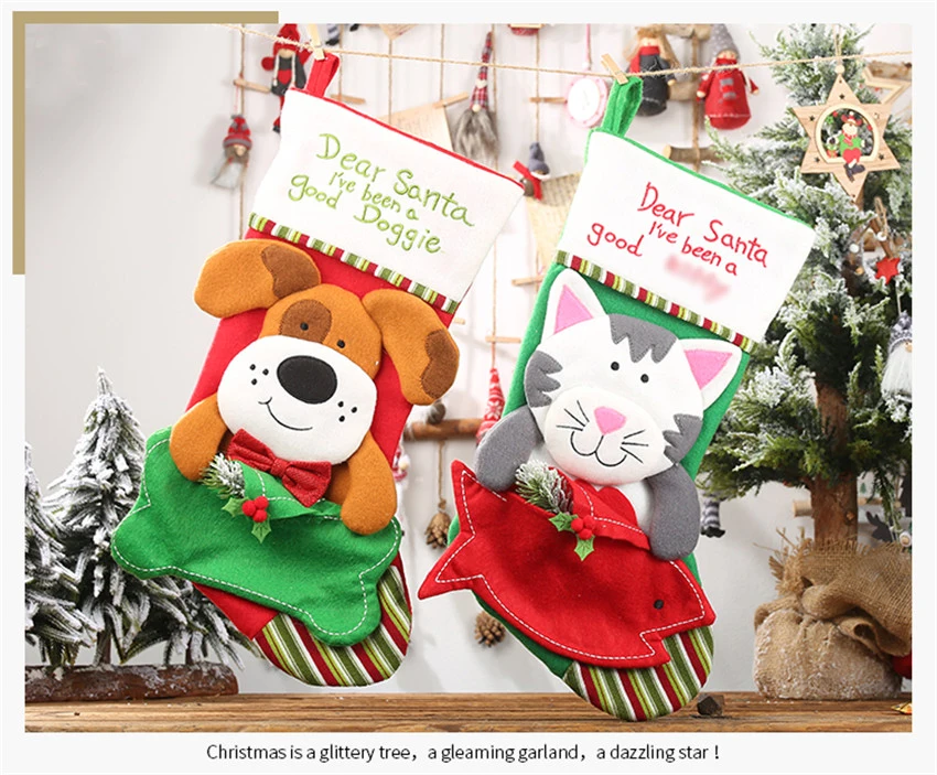 Новогодний Рождественский подарок-украшение, сумки для домашних собак, чулок с изображением кота, носки Рождественская игрушка брелок с игрушкой, подарки, яблоко, конфеты, сумка