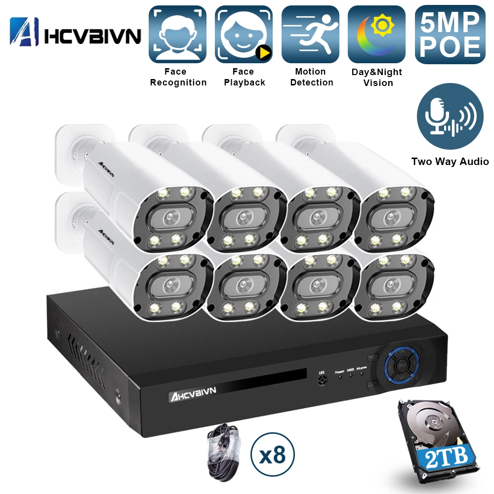 

5MP POE Security Camera System Kit 8CH NVR 5MP AI Face Detection IP Camera Color Night Vision CCTV Video Surveillance NVR Set