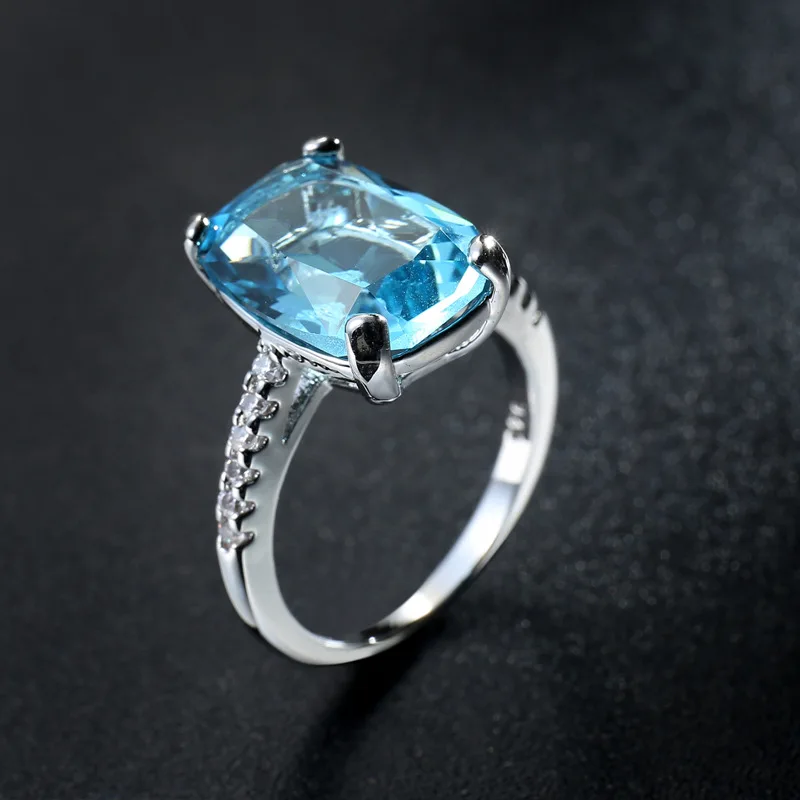 

925 Silver Ring Jewelry Women's Simple Aquamarine Zircon Ring Engagement Wedding Birthday Party Gift