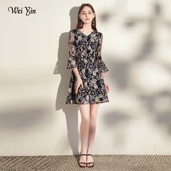 

wei yin AE0457 Prom Dress For Women Plus Size Formal Dresses Elegant Long Sleeve Short Dress Zipper V-neck Vestidos