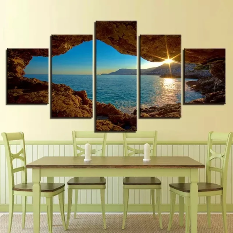 

5 Panel Fascinating Sea View The Cave And The Setting Sun Canvas Painting Posters And Prints Wall Pictures For Living Room Decor