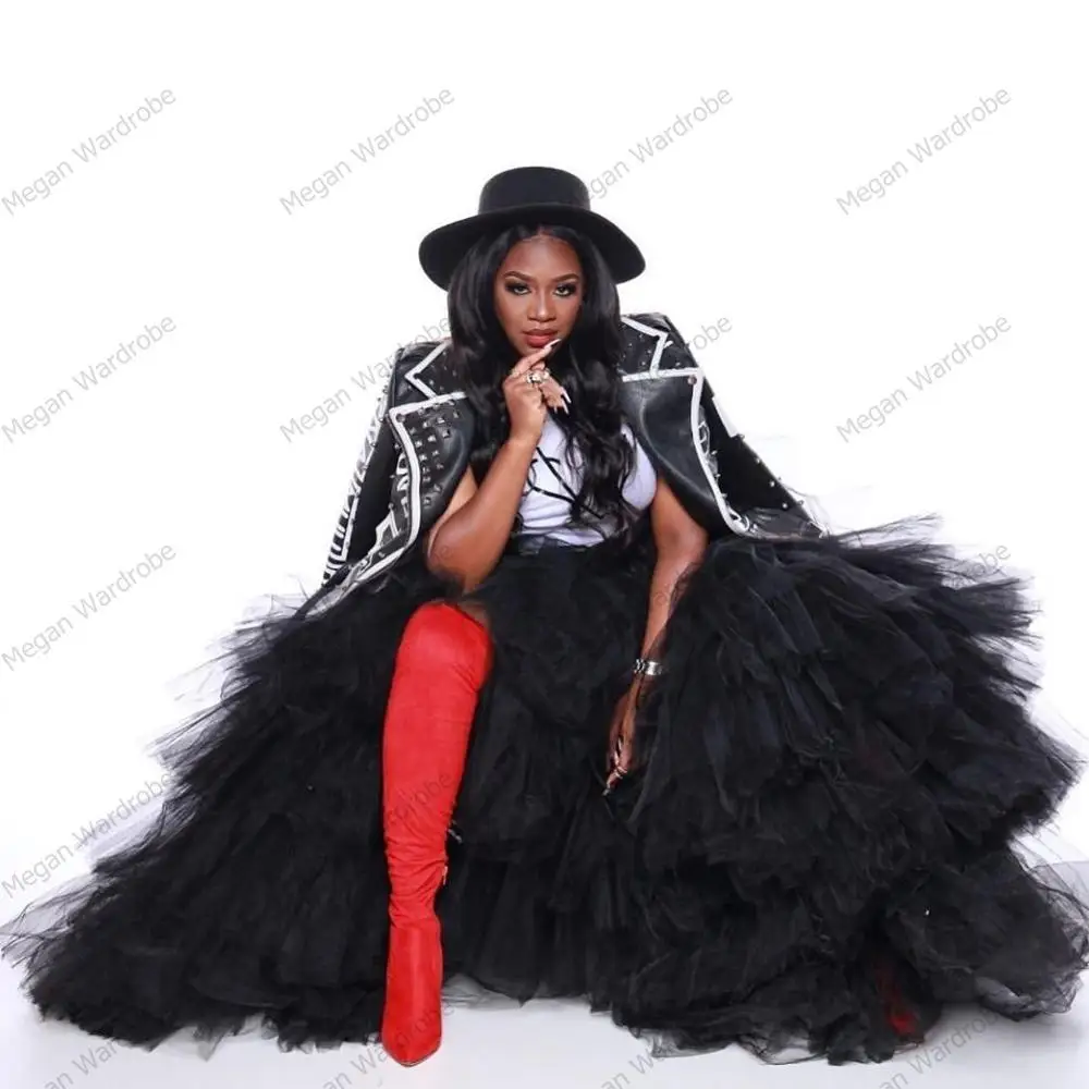 Chic Black Hi Low Tulle Skirts Extra Puffy Long Women Maxi Tulle Skirt For Photography Party Formal Halloween Wear Plus Size