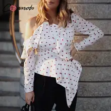 Conmoto/Модная женская блузка Осень, сексуальные топы в горошек с одним плечом и блузка, женская рубашка с рюшами и длинными рукавами