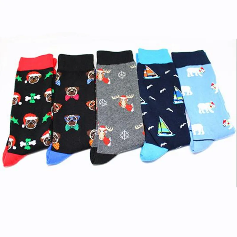 

Black Sock Mens Long Adult Happy Men's Standard Sox Dog Cartoon Patchwork Design Socks Elk Boat Cotton Autumn Hip Hop Skarpetki