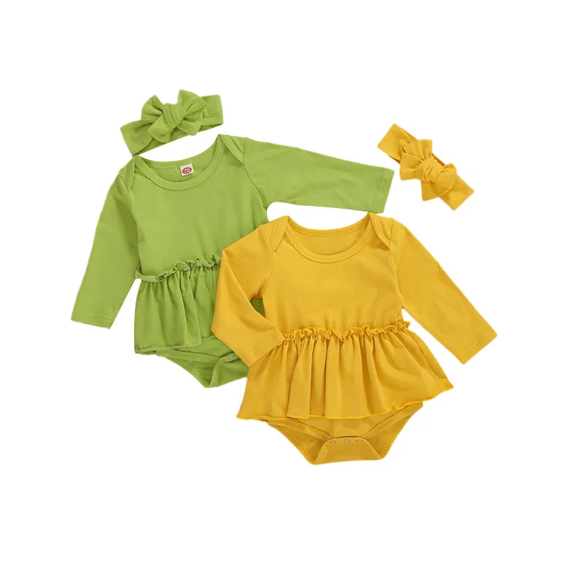 

2Pcs Newborn Baby Girls Autumn Outfits Romper Cloth Long Sleeve Solid Plain Bodysuit with Headband Clothes Set 2020 Hot